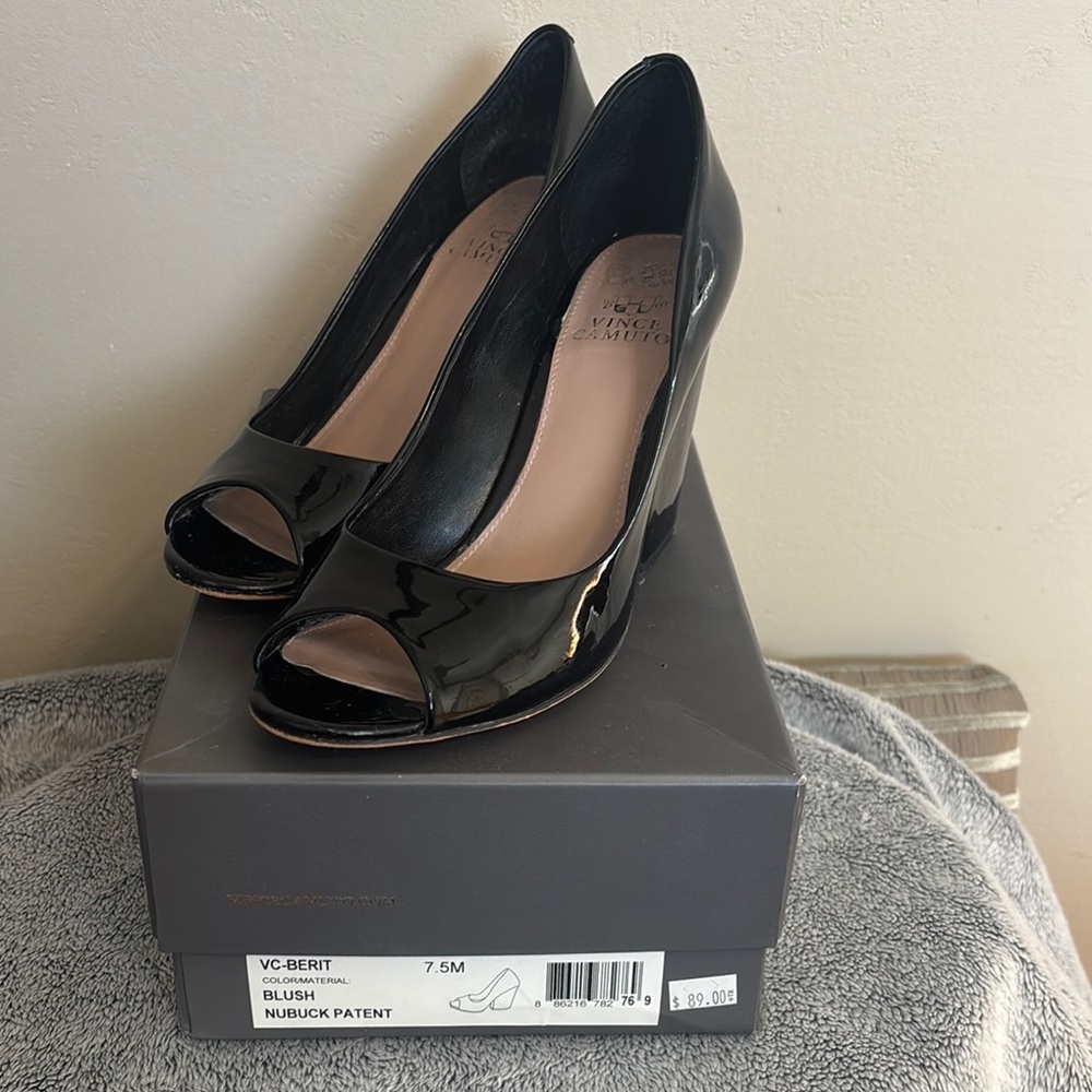 Vince Camuto Berit Black Patent Peep Toe Heels